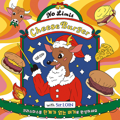 Sir.LOIN Cheese Burger Product SNS Illustration Work animal artwork burger character cheese christmas drawing food gourmet graphic design holiday illustration korean promotion rudolf san santa winter x mas