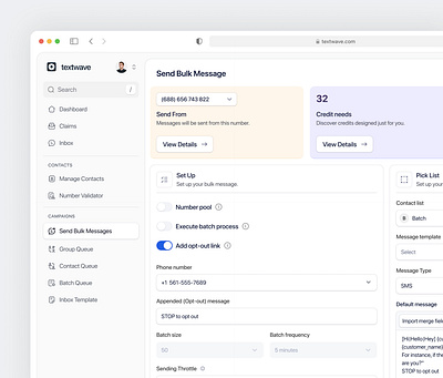 Text Marketing Dashboard `contacts bulk messages dashboard management text marketing ui ux