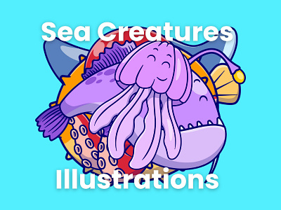 Sea Creatures Set anglerfish animal cartoon design fauna fish graphic design illustration logo manta octopus puffer stingray summer underwater vector