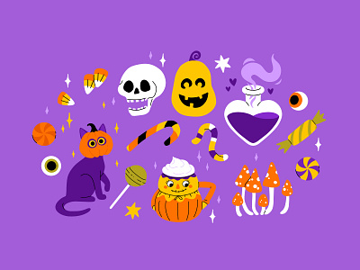 Halloween set 4 candy cartoon cat character concept cute design fall festive flat halloween illustration potion pumpkin skull spooky vector