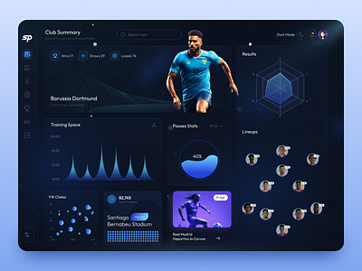 Sports Analytics Dashboard analytics club club summary dark dashboard design designer product design sports sports analytics sports dashboard ui ui design uiux webapp design