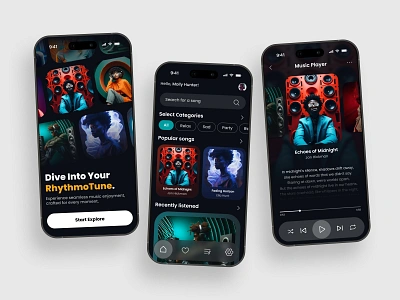 Music Player RhythmoTune - Mobile App Concept app application concept design mobile app mobile application music music player ui uiux ux