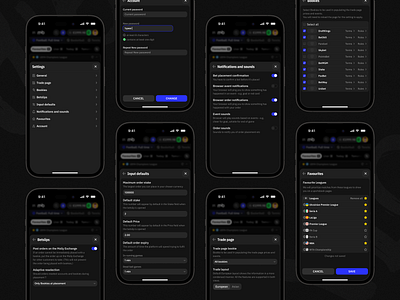 Mollybet: Mobile settings analytics app application betting bookmaker dark design gambling menu mobile modern neon product design settings sports trade ui user interface ux web design