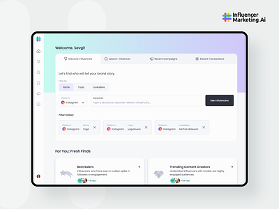 Influencer Marketing AI - Home app branding clean dashboard design filter gradient highlight home home page landing navigation search shortcut tab tab bar ui ux web webdesign