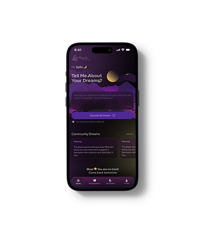 Dreaming App app app ui button dark dream dreams dreams app ui dreams app ux homepage homepage ui illustration input mobil app ui mobil ui mobiluı navigator purple text ui uiux