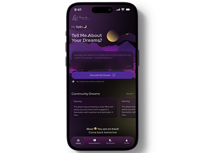 Dreaming App app app ui button dark dream dreams dreams app ui dreams app ux homepage homepage ui illustration input mobil app ui mobil ui mobiluı navigator purple text ui uiux