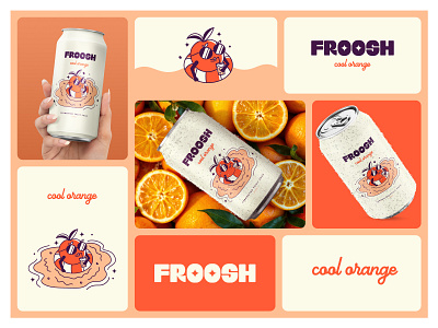 Froosh: Cool Orange Packaging and Branding Design beverage brand identity design branding can colorful design digital illustration dribbble popular food beverage branding fruit graphic design illustration logo orange packaging packaging design playful soda typography vibrant packaging