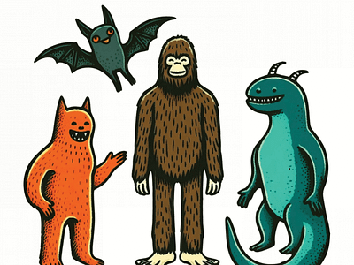 Cryptid Friends: Bigfoot, Chupacabra, the Loch Ness Monster american folklore design bigfoot bigfoot design bigfoot drawing bigfoot for kids bigfoot graphic design bigfoot illustration chupacabra design cryptid creatures cryptid friends cryptids for kids cryptozoology illustration loch ness monster design loch ness monster illustration vampire bat drawing vampire bat illustration