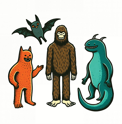 Cryptid Friends: Bigfoot, Chupacabra, the Loch Ness Monster american folklore design bigfoot bigfoot design bigfoot drawing bigfoot for kids bigfoot graphic design bigfoot illustration chupacabra design cryptid creatures cryptid friends cryptids for kids cryptozoology illustration loch ness monster design loch ness monster illustration vampire bat drawing vampire bat illustration