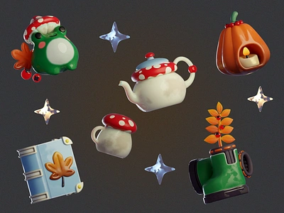 Autumn props 3d autumn blender book candle cartoon cozy cute fall frog isometric mushroom pumpkin