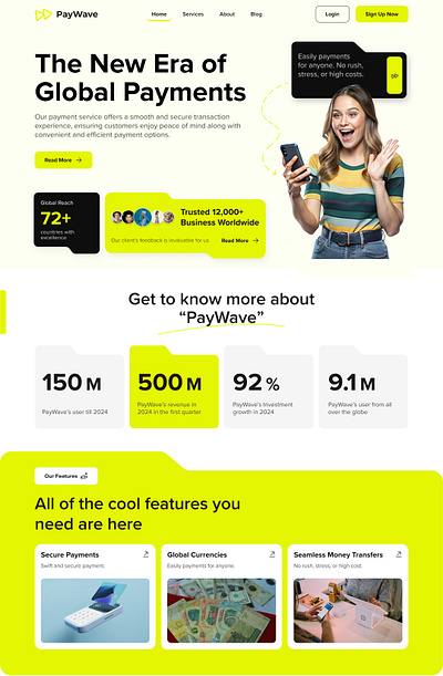 PayWave - Simplify Your Payments (Concept landing page) banking website figma financial app green website modern design morden ui ui design webpage