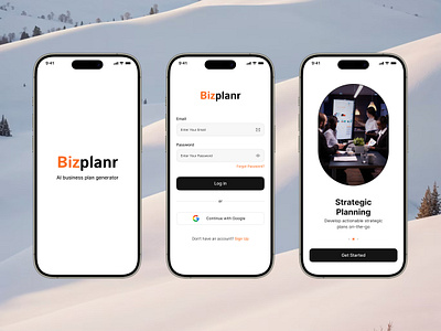 Bizplanr - Splash, Login and Onboarding Screen app design appredesign bizplaner business planning dribbble figma login mobile app mobileappdesign onboarding product design product designer rewamp splash screen ui uiux user experience user interface userexperience ux