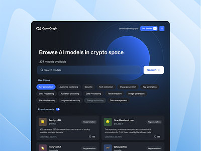 OpenOrigin.AI | web design ai model crypto landing dark theme glassmorphism gradients graphic design landing page marketplace ui web website concept website design