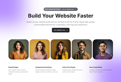 Landing Hero Section for Framer - Frameblox UI avatars clean features framer gradient header headline hero landing minimal purple saas section ui