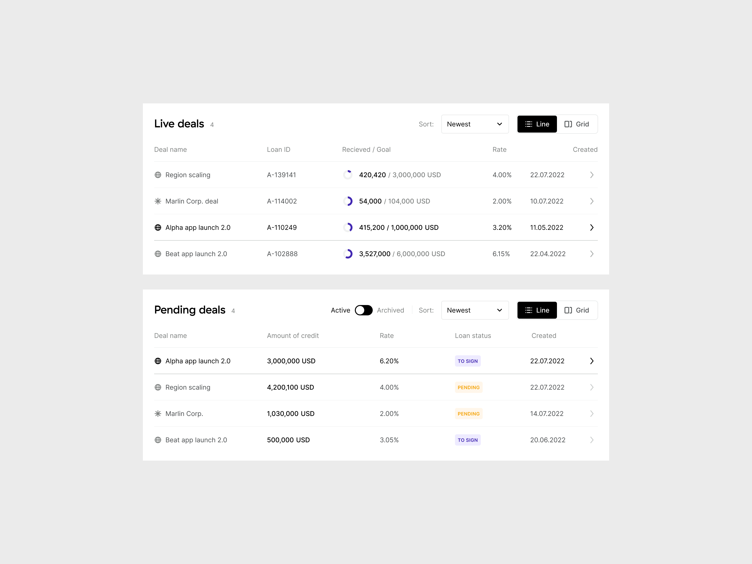 Assetize – table sheets app application design system filters financial app fintech funding platform list saas table table sheets visual identity web app