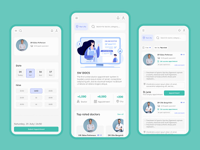 Doctor appointment web app app appointment blue cyan doctor green light minimal trend ui ui design ui designer uiux ux web app