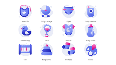 Baby 2D Icons Animation 2d animation baby bip baby bottle baby carriage baby motitor baby products bootees clack crib diaper flat icons icons animation illustration motion nipple romper rubber dug toy pyramid