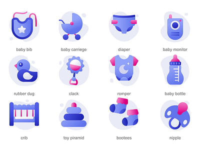 Baby 2D Icons Animation 2d animation baby bip baby bottle baby carriage baby motitor baby products bootees clack crib diaper flat icons icons animation illustration motion nipple romper rubber dug toy pyramid