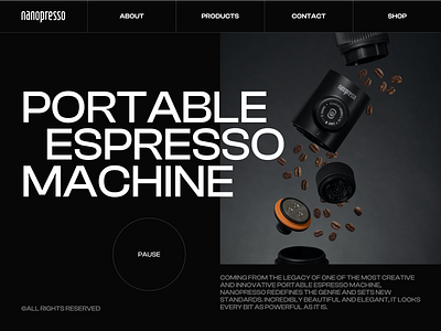 Web Design(UX+UI) Concept for Nanopresso: The Future of Espresso branding clean cofee greender coffee coffee bean concept dark design graphic design grinder hero herosection illustration minimal ui uiux ux uxui webdesign website