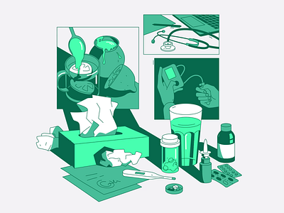 Treatment, medical equipment and prescription medication 2d aesthetic animation cold diagnosis flu healthcare honey pot illness illustration lemon tea lo fi lofi medication motion graphics pharmaceutics prescription drug thermometer treatment vaporwave