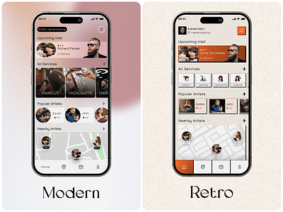 Retro + Modern Hair Salon App Design Concept barber app concept barber shop barber shop app beauty app beauty salon hair care hair cut hair salon hair stylist app haircut app hairdresser app illustration mobile app salon app salon app design salon booking salon booking app uidesign uiux ux design