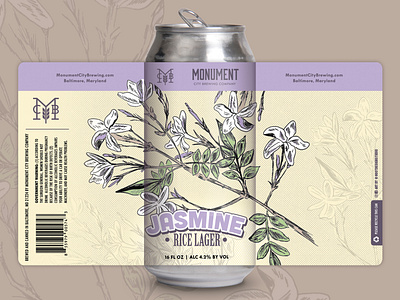 Jasmine Rice Lager Beer Label baltimore beer beer label beer packaging brewery can can design can mockup craft beer flower illustration jasmine label lager lavender maryland monument city packaging packaging design