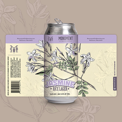 Jasmine Rice Lager Beer Label baltimore beer beer label beer packaging brewery can can design can mockup craft beer flower illustration jasmine label lager lavender maryland monument city packaging packaging design