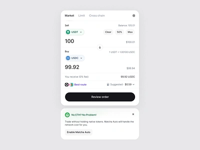 Matcha - Trade Module 0x crypto defi ethereum exchange fintech liquidity sources market matcha swap token trading ui usdc usdt web3