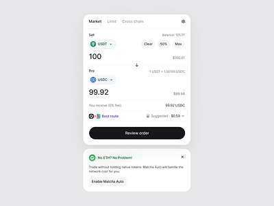 Matcha - Trade Module 0x crypto defi ethereum exchange fintech liquidity sources market matcha swap token trading ui usdc usdt web3