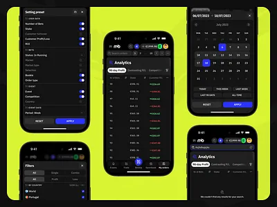 Mollybet: Mobile analytics analytics app application betting bookmaker calendar dark filter gambling menu mobile modern mollybet neon product design sports trade trading ui ux web design