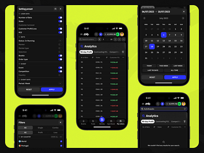 Mollybet: Mobile analytics analytics app application betting bookmaker calendar dark design filter gambling menu mobile modern neon product design sports trade trading ui ux web design