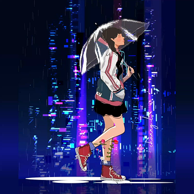 A walk in the rain.. 2d animation aftereffects animation character animation girl animation illustration lofi aniamtion motion graphics rain walk animation walk cycle