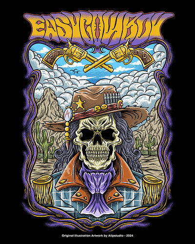 EASY COWBOY alipstudio cowboy freelance illustration illustrator opentowork poster poster design sheriff skeleton skull texas western