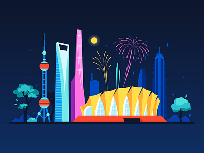 Night China in neon lights - illustration architecture asia asian china chinese design famous flat design illustration landmark landscape place shanghai style tourism tower travel vector