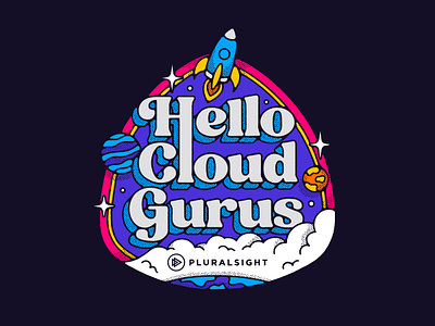 Hello Cloud Gurus Tee Graphic 🚀 badge cloud illustration merch mission mission badge mission patch pluralsight rocket swag t shirt tee tee design