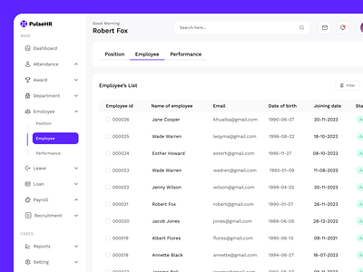 HR - Employee Management Page Dashboard UI UX Design analytics dashboard design employee management employee page employees dashboard hr dashboard hr management hr management dashboard payroll management payroll page product design reqruitment saas saas dashboard ui user interface ux