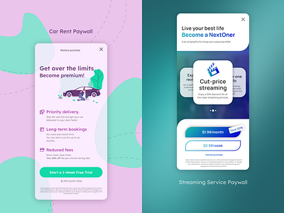Car rent and streaming service paywalls blob car rent design gradient illustration mobile paywall playful screenshots streaming ui