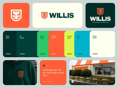 Willis Landscaping Bento badge botanical botanics brand branding floral flower green identity lawn lawn care leaf leaves logo services shield tulip w water wave