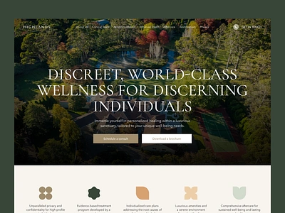 Wellness Center Highlands | Landing page aesthetic beige figma hotel illustration landing landing page luxury minimal rehab serif ui uidesign web webdesign website wellness