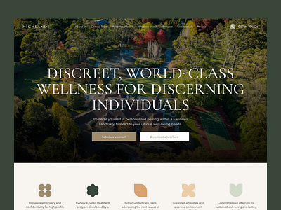 Wellness Center Highlands | Landing page aesthetic beige figma hotel illustration landing landing page luxury minimal rehab serif ui uidesign web webdesign website wellness