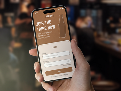 Beer app login concept app beer bottle brown cardboard design fidelity app illustration mobile mockup paper peroni ui