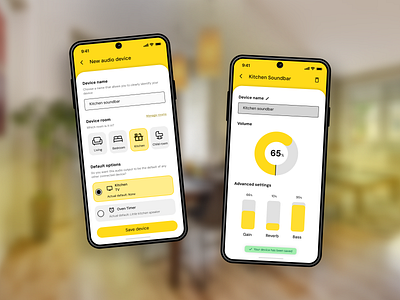 Smart home settings app bright form mobile screenshots settings smart home ui ux design yellow