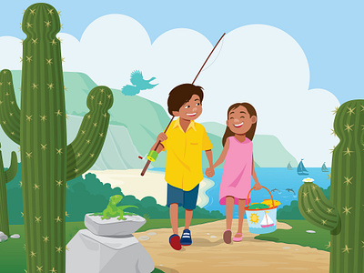 Children in Mexico art cactus cartoon children comic design fishing graphic graphics illustration mexico minimalistic