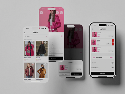 Fashion App UI Design app design inspiration app ui branding cart detail page clean ui e commerce design fashion app fashion ui interaction design minimal design mobile ux my cart product details search shopping app ui ui inspiration ux design