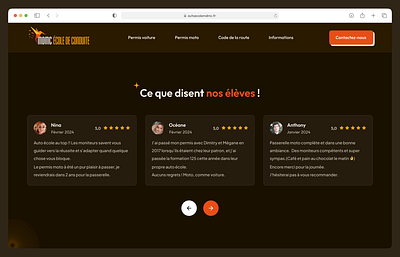 💭 Testimonials Section – Driving School Website dark design orange redesign ui ux website