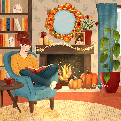 Cosy Autumn Home autumn theme character portrait cosy home design drawing challenge editiorial fall art female illustrator hand drawn illustration living room procreate