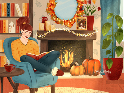 Cosy Autumn Home autumn theme character portrait cosy home design drawing challenge editiorial fall art female illustrator hand drawn illustration living room procreate