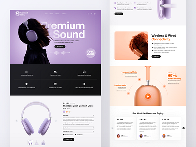 Headphones Product Page airpods app e commerce headphones landing page minimalism music orange phone product product page purpule round cards sound ui ux web