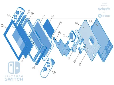 Nintendo Switch Exploded Diagram adobe illustrator console diy exploded view gamer gaming gyginfographics ifixit instructional graphics isometric nintendo nintendo switch systematic design tech technical drawing technical graphics technical illustration vector graphics video game