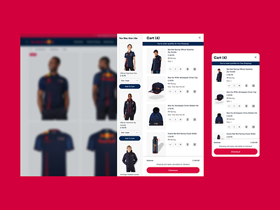 RedBull Mini Cart add to bag apparel athletics cart checkout clothing commerce cross sell design fashion graphic design hats pdp racing redbull shop ui upsell ux web